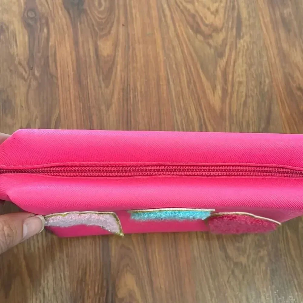 Adorable pink patch smiley face heart tufted pouch make up bag cosmetic case